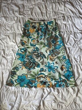 Floral A-Line Midi Skirt in Teal, Brown & Cream